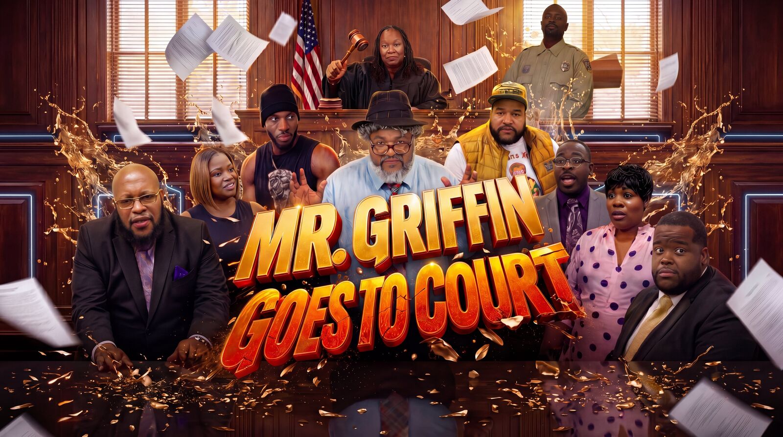 Mr. Griffin Goes to Court key art — the whole courtroom in chaos